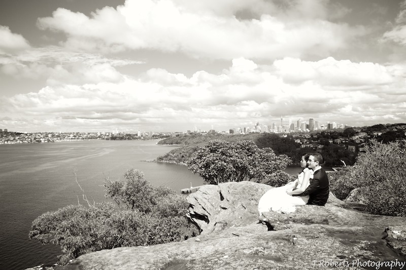 Sepia bride and groom looking at the view - wedding photography sydney